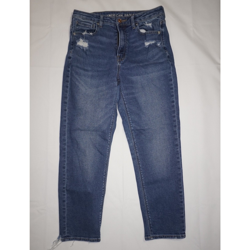 American Eagle 2 Mom Jean Blue Distressed Stretch Denim Raw Hem